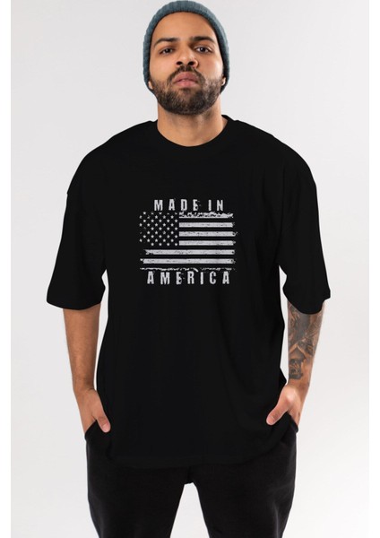 Made In America Yazılı Ön Baskılı Siyah Oversize T-Shirt Erkek Kadın Bisiklet Yaka fiyatları