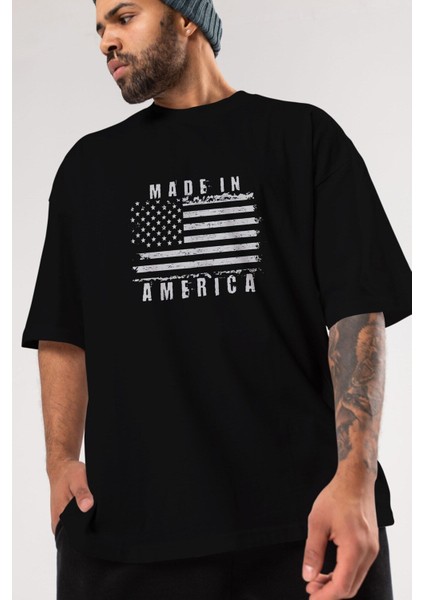 Made In America Yazılı Ön Baskılı Siyah Oversize T-Shirt Erkek Kadın Bisiklet Yaka fırsatları