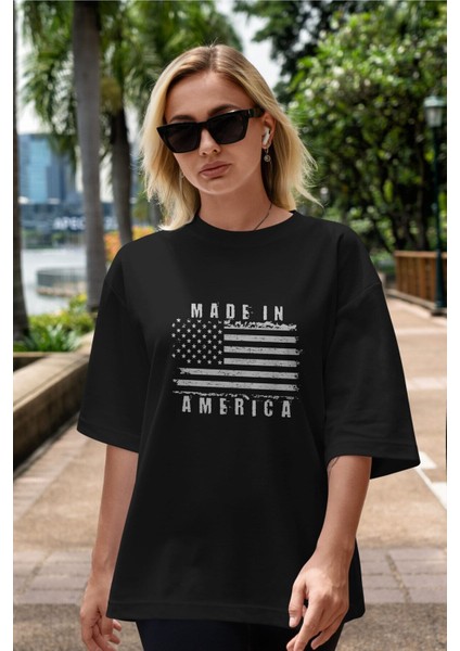 Made In America Yazılı Ön Baskılı Siyah Oversize T-Shirt Erkek Kadın Bisiklet Yaka indirimleri