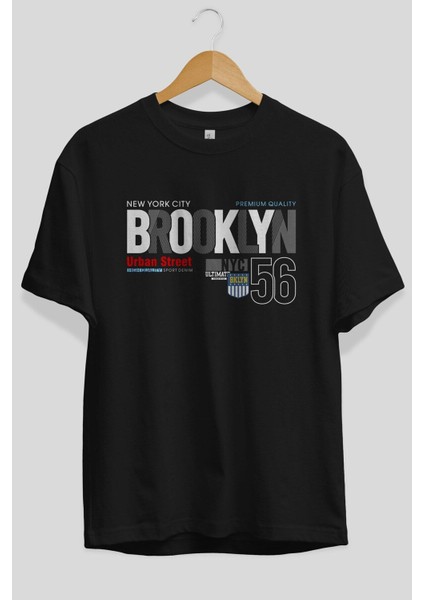Brooklyn 56 Yazılı Ön Baskılı Siyah Oversize T-Shirt Erkek Kadın Bisiklet Yaka