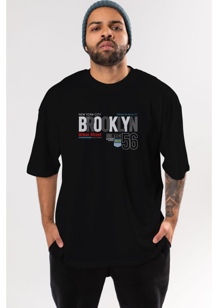 Brooklyn 56 Yazılı Ön Baskılı Siyah Oversize T-Shirt Erkek Kadın Bisiklet Yaka modelleri