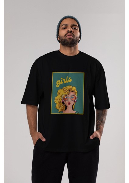 Yellow Girls Retro Ön Baskılı Siyah Oversize T-Shirt Erkek Kadın Bisiklet Yaka