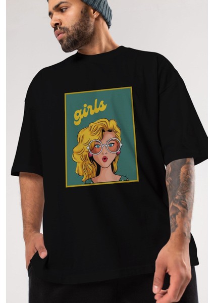 Yellow Girls Retro Ön Baskılı Siyah Oversize T-Shirt Erkek Kadın Bisiklet Yaka indirimleri