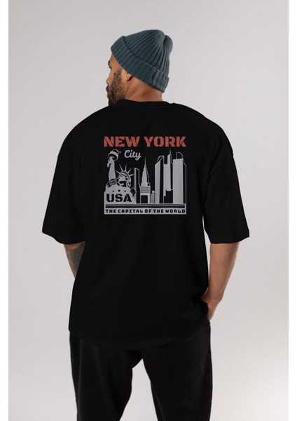 New York Arka Baskılı Siyah Oversize T-Shirt Erkek Kadın Bisiklet Yaka