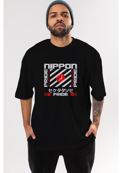 Nippon Pride Ön Baskılı Siyah Oversize T-Shirt Erkek Kadın Bisiklet Yaka