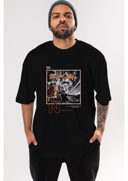Wild Passion Ön Baskılı Siyah Oversize T-Shirt Erkek Kadın Bisiklet Yaka fiyatları