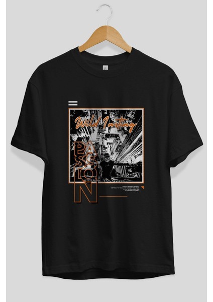 Wild Passion Ön Baskılı Siyah Oversize T-Shirt Erkek Kadın Bisiklet Yaka modelleri