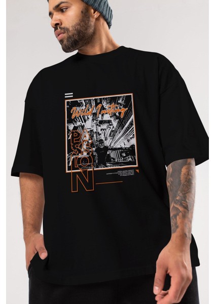 Wild Passion Ön Baskılı Siyah Oversize T-Shirt Erkek Kadın Bisiklet Yaka fırsatları