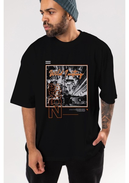 Wild Passion Ön Baskılı Siyah Oversize T-Shirt Erkek Kadın Bisiklet Yaka indirimleri