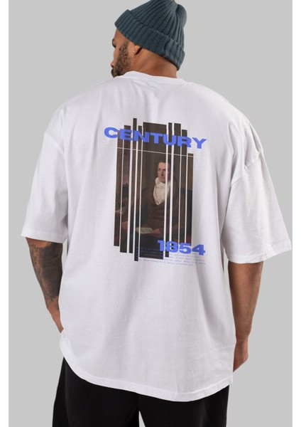 Century 1854 Yazılı Arka Baskılı Beyaz Oversize T-Shirt Erkek Kadın Bisiklet Yaka