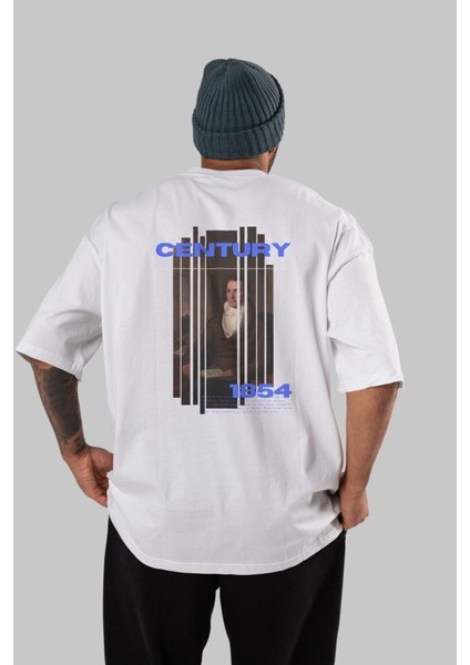 Century 1854 Yazılı Arka Baskılı Beyaz Oversize T-Shirt Erkek Kadın Bisiklet Yaka fırsatları