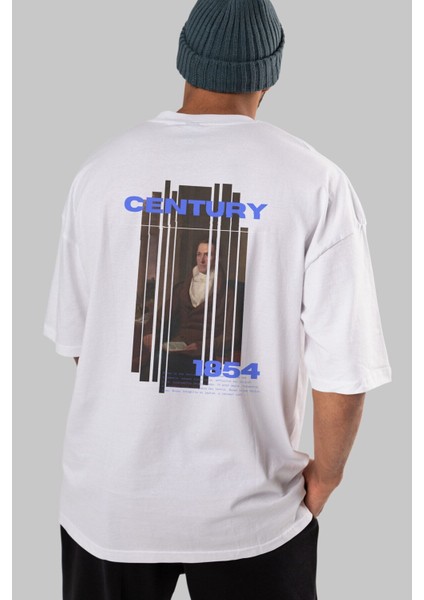 Century 1854 Yazılı Arka Baskılı Beyaz Oversize T-Shirt Erkek Kadın Bisiklet Yaka indirimleri