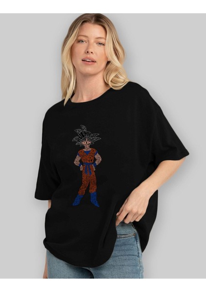 Goku Ön Baskılı Siyah Oversize T-Shirt Erkek Kadın Bisiklet Yaka