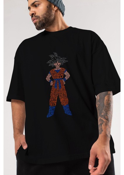 Goku Ön Baskılı Siyah Oversize T-Shirt Erkek Kadın Bisiklet Yaka fiyatları