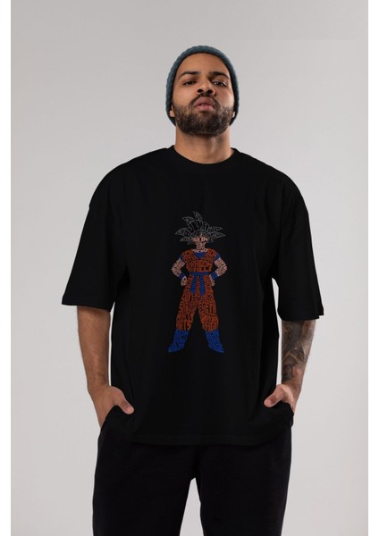 Goku Ön Baskılı Siyah Oversize T-Shirt Erkek Kadın Bisiklet Yaka modelleri