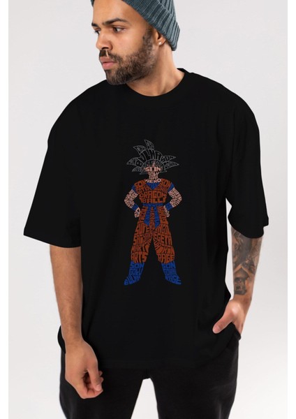 Goku Ön Baskılı Siyah Oversize T-Shirt Erkek Kadın Bisiklet Yaka fırsatları
