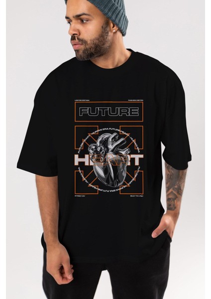 Future Heart Ön Baskılı Siyah Oversize T-Shirt Erkek Kadın Bisiklet Yaka