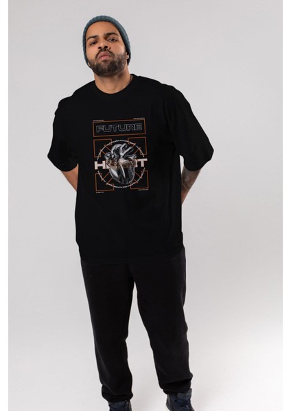 Future Heart Ön Baskılı Siyah Oversize T-Shirt Erkek Kadın Bisiklet Yaka