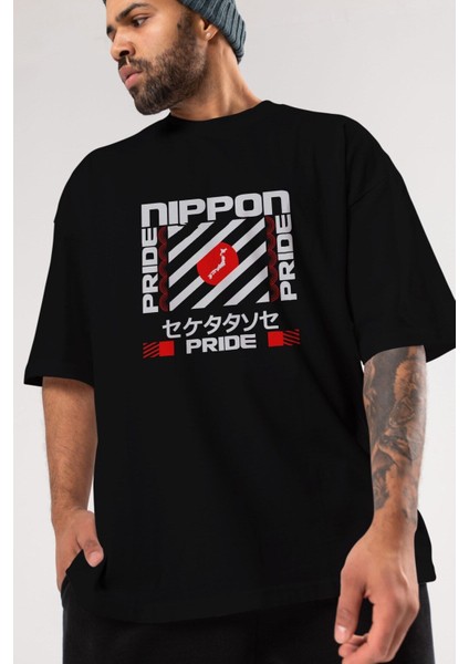 Nippon Pride Ön Baskılı Siyah Oversize T-Shirt Erkek Kadın Bisiklet Yaka indirimleri