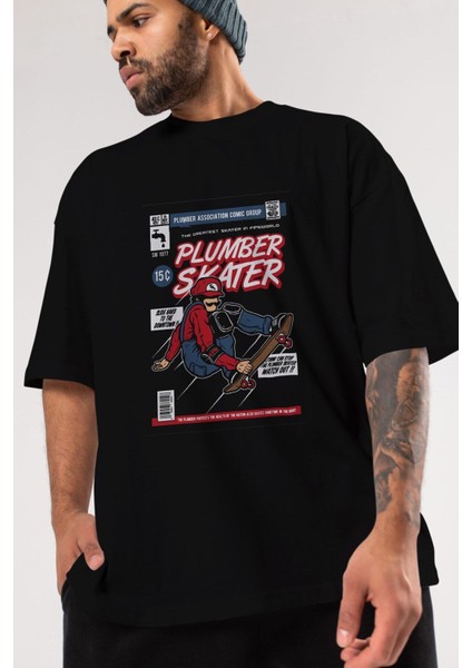 Plumber Skater Ön Baskılı Siyah Oversize T-Shirt Erkek Kadın Bisiklet Yaka