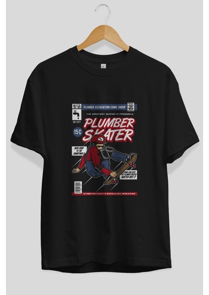 Plumber Skater Ön Baskılı Siyah Oversize T-Shirt Erkek Kadın Bisiklet Yaka fiyatları