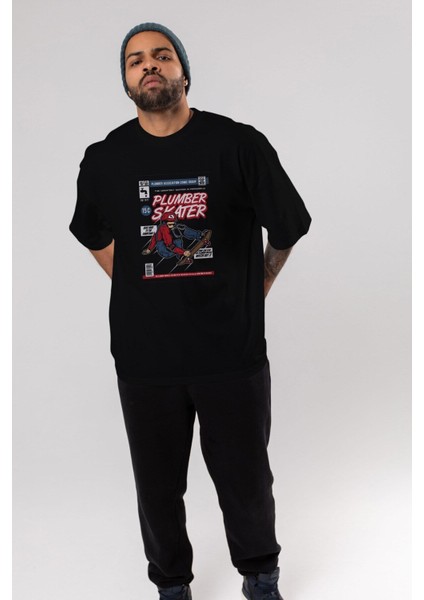 Plumber Skater Ön Baskılı Siyah Oversize T-Shirt Erkek Kadın Bisiklet Yaka modelleri