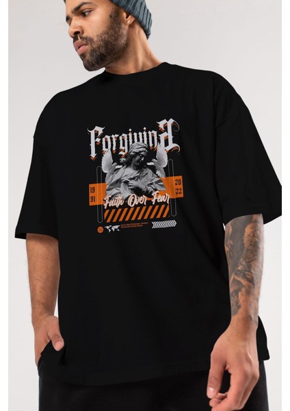 Faith Over Fear Ön Baskılı Siyah Oversize T-Shirt Erkek Kadın Bisiklet Yaka