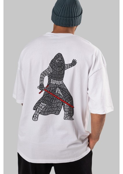 Kylo Arka Baskılı Beyaz Oversize T-Shirt Erkek Kadın Bisiklet Yaka