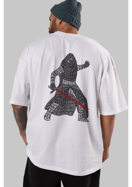 Kylo Arka Baskılı Beyaz Oversize T-Shirt Erkek Kadın Bisiklet Yaka modelleri