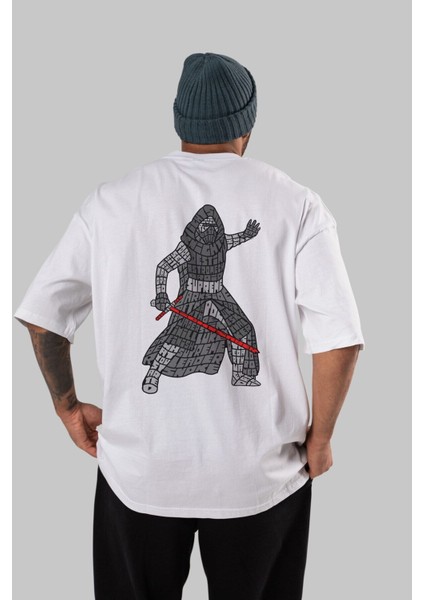 Kylo Arka Baskılı Beyaz Oversize T-Shirt Erkek Kadın Bisiklet Yaka fırsatları