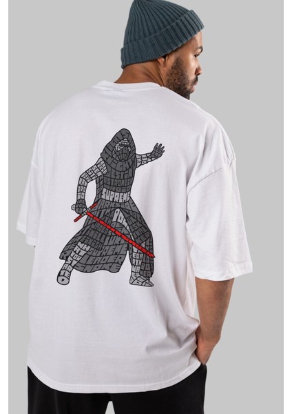 Kylo Arka Baskılı Beyaz Oversize T-Shirt Erkek Kadın Bisiklet Yaka indirimleri