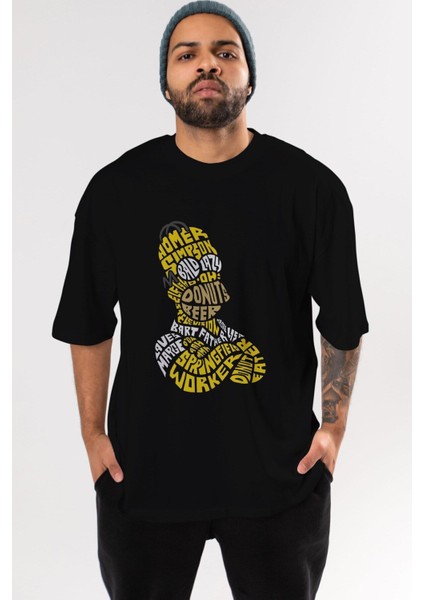 Homer Simpson Ön Baskılı Siyah Oversize T-Shirt Erkek Kadın Bisiklet Yaka