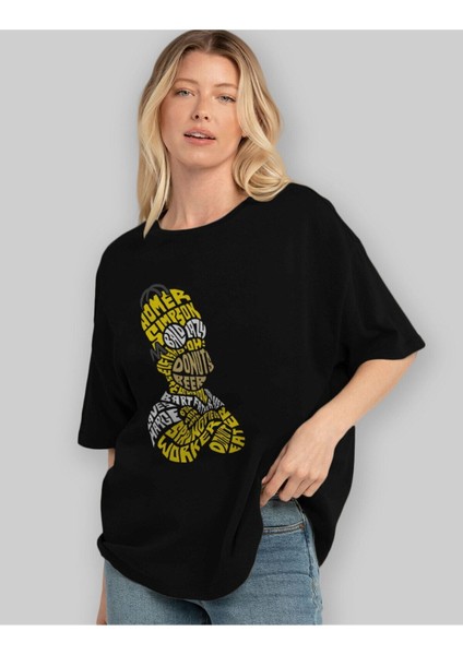 Homer Simpson Ön Baskılı Siyah Oversize T-Shirt Erkek Kadın Bisiklet Yaka modelleri