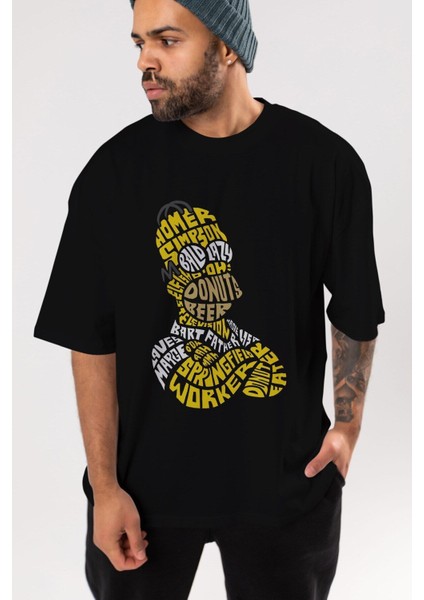 Homer Simpson Ön Baskılı Siyah Oversize T-Shirt Erkek Kadın Bisiklet Yaka indirimleri