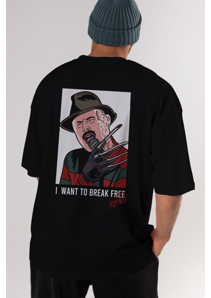 Freddy Merkrueger Arka Baskılı Siyah Oversize T-Shirt Erkek Kadın Bisiklet Yaka fiyatları