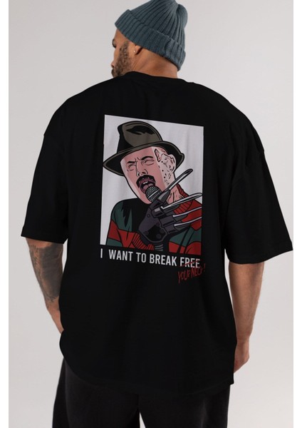 Freddy Merkrueger Arka Baskılı Siyah Oversize T-Shirt Erkek Kadın Bisiklet Yaka modelleri