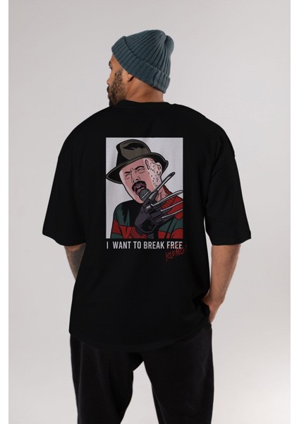 Freddy Merkrueger Arka Baskılı Siyah Oversize T-Shirt Erkek Kadın Bisiklet Yaka indirimleri