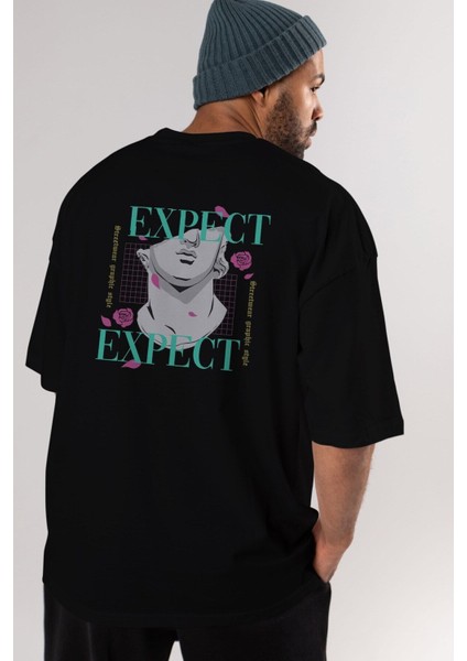 Expect Arka Baskılı Siyah Oversize T-Shirt Erkek Kadın Bisiklet Yaka