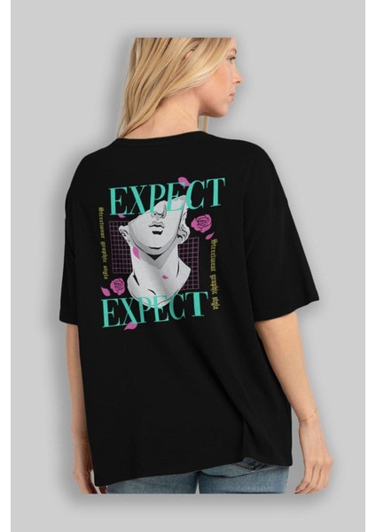 Expect Arka Baskılı Siyah Oversize T-Shirt Erkek Kadın Bisiklet Yaka fiyatları