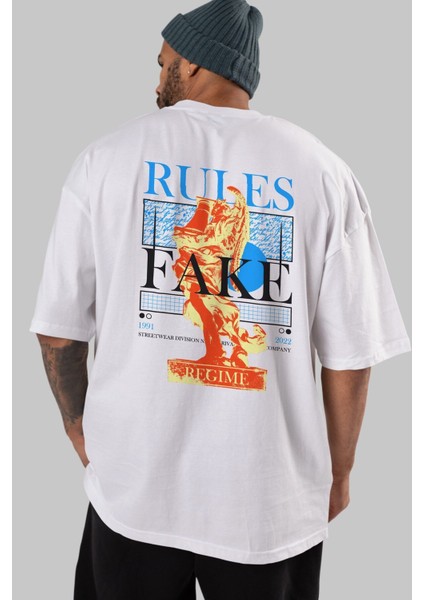 Arka Baskılı Beyaz Oversize T-Shirt Erkek Kadın Bisiklet Yaka fiyatları