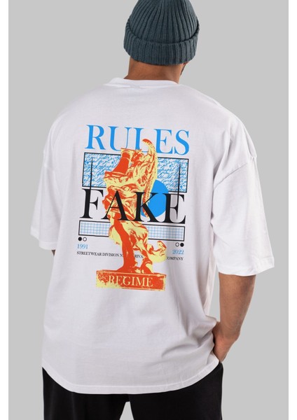 Arka Baskılı Beyaz Oversize T-Shirt Erkek Kadın Bisiklet Yaka indirimleri