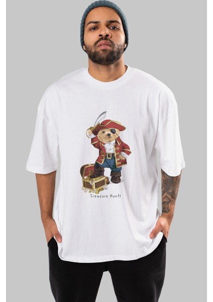 Teddy Bear Treasure Hunt Ön Baskılı Beyaz Oversize T-Shirt Erkek Kadın Bisiklet Yaka