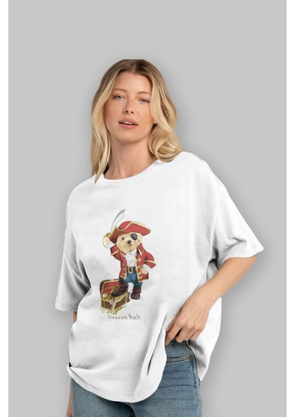 Teddy Bear Treasure Hunt Ön Baskılı Beyaz Oversize T-Shirt Erkek Kadın Bisiklet Yaka