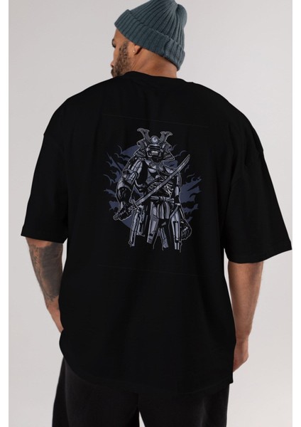 Samurai Robot Skull Arka Baskılı Siyah Oversize T-Shirt Erkek Kadın Bisiklet Yaka