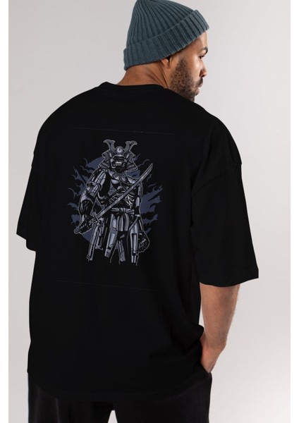 Samurai Robot Skull Arka Baskılı Siyah Oversize T-Shirt Erkek Kadın Bisiklet Yaka modelleri
