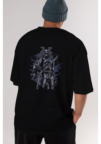Samurai Robot Skull Arka Baskılı Siyah Oversize T-Shirt Erkek Kadın Bisiklet Yaka fırsatları