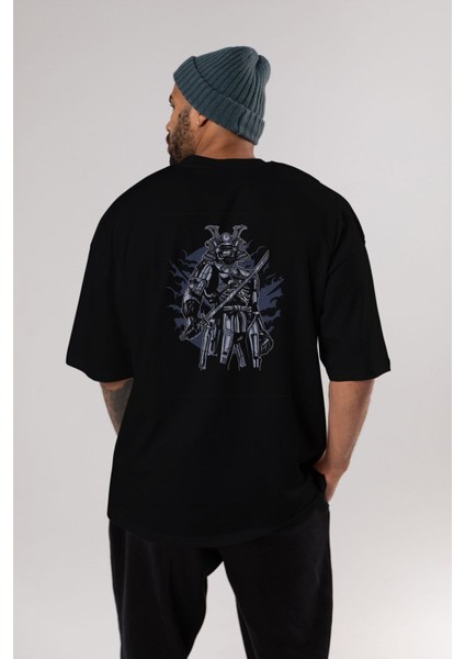 Samurai Robot Skull Arka Baskılı Siyah Oversize T-Shirt Erkek Kadın Bisiklet Yaka indirimleri