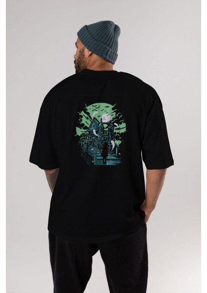 Haunted House Arka Baskılı Siyah Oversize T-Shirt Erkek Kadın Bisiklet Yaka