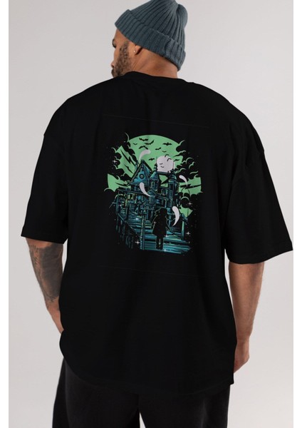 Haunted House Arka Baskılı Siyah Oversize T-Shirt Erkek Kadın Bisiklet Yaka fırsatları