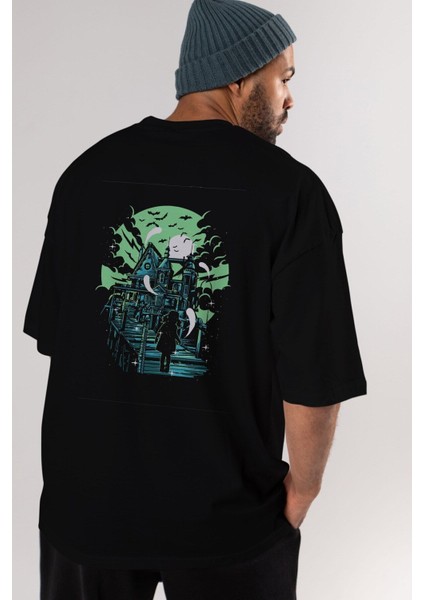 Haunted House Arka Baskılı Siyah Oversize T-Shirt Erkek Kadın Bisiklet Yaka indirimleri